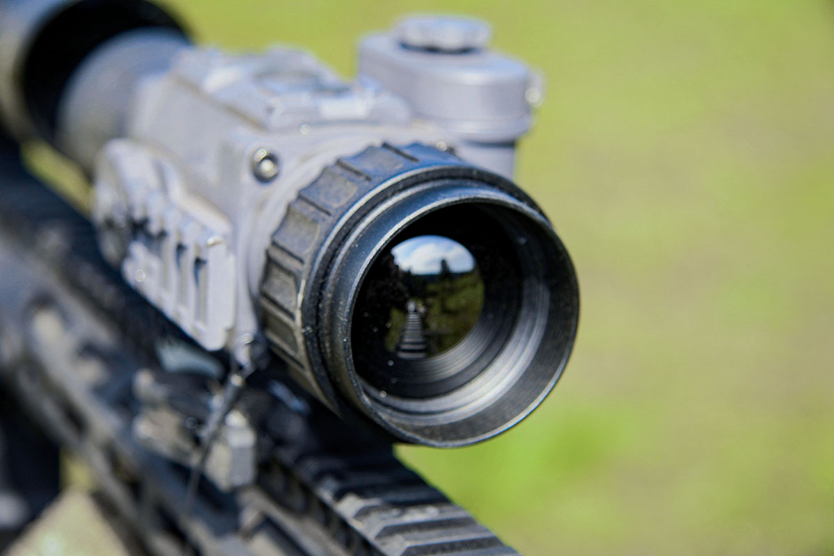 The Armasight Operator 640 1-4x 35mm Thermal Clip-On sight includes a 35mm germanium objective lens. This does not provide the resolution of lenses measuring 50mm or larger, but proved ample for shooting nighttime raccoons from 50 to 150 yards.